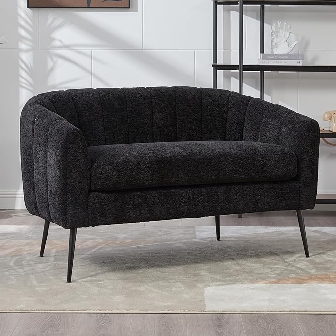 50.2 Small Loveseat Sofa 2-Seater Modern Chenille Couch with Gold Metal Legs &amp Floral Backrest Compact Apartment Sofa for Living Room Bedroom Office Dorm (Chenille Black(50.2''))