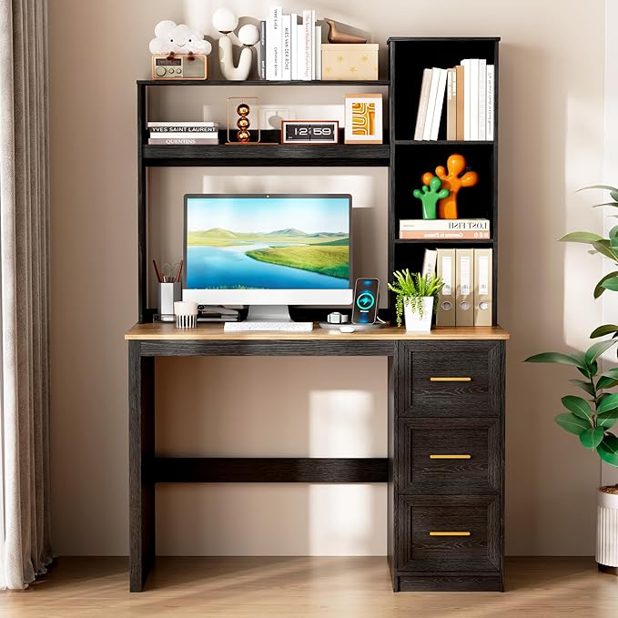 LVSOMT 40” Home Office Desk with Hutch and Drawers Computer Desk with Power Outlets and LED Light Study Writing Gaming Table with Storage Shelves Workstation for Bedroom Black