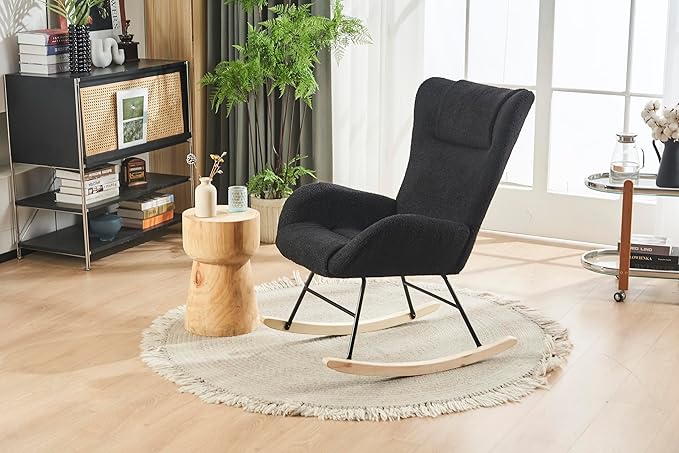 Rocking Chair Nursery Solid Wood Legs Reading Chair with Teddy Fabric Upholstered Nap Armchair for Living Rooms Bedrooms Offices Best GiftBlack Teddy Fabric
