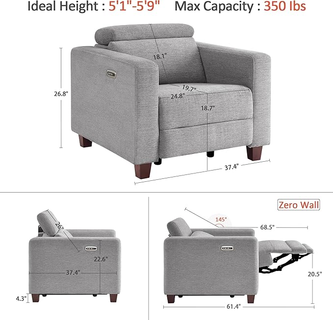 MCombo Zero Wall Recliner Chair Wall Hugger Power Recliner Chair with Adjustable Headrest High Wood Leg USB &amp Type C Dual Charge Ports for Living Room Small Spaces HL128 (Textile Grey)