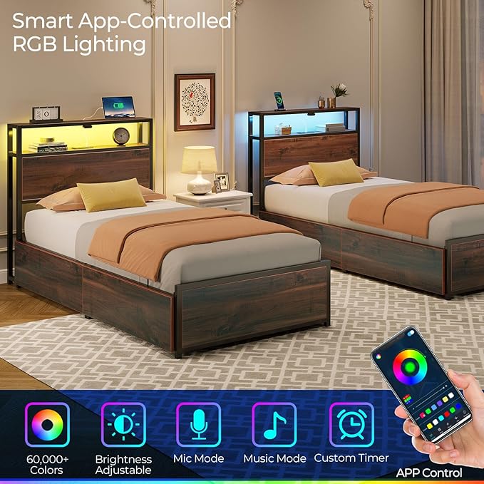 Rolanstar Twin Bed Frame with 4 Storage Drawers &amp 2-Tier Storage Headboard Metal Platform Bed Frame with Charging Station &amp LED Lights Noise-Free No Box Spring Needed Easy Assembly Espres