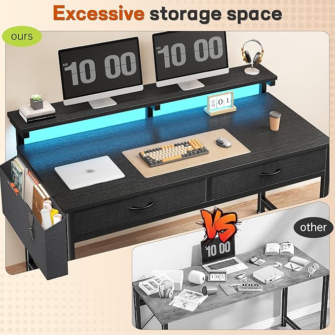 47.3Inch Gaming Desk with LED Lights with 2 Drawers Home Office Desk Computer Desk with Side Pocket &amp Ergonomic Monitor Stand Small Space Study Writing Table with Anti-Tip DesignBlack