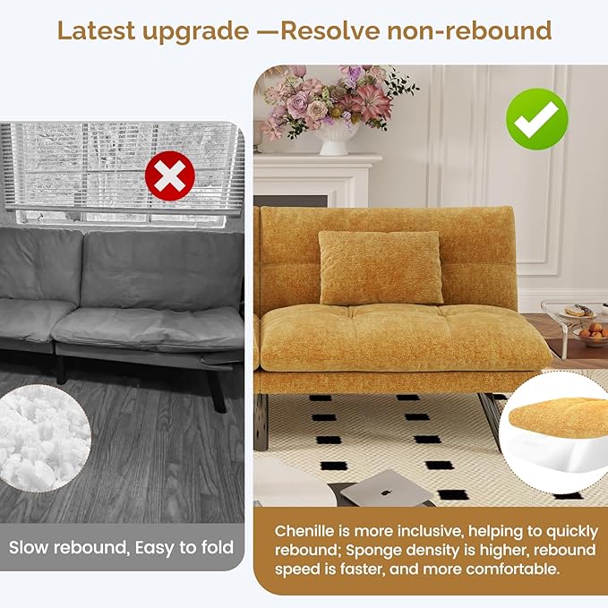 Futon Sofa Bed Convertible 70 inch Solid Wood Couch for Living Room Chenille Fabric 2 Cushions (Caramel Orange)
