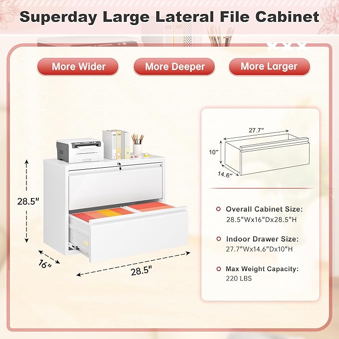 Superday Lateral File Cabinet 2 Drawer Metal File Cabinet with Lock White Filing Cabinets for Home Office Locking Filing Cabinets Hanging Files Letter/Legal/F4/A4