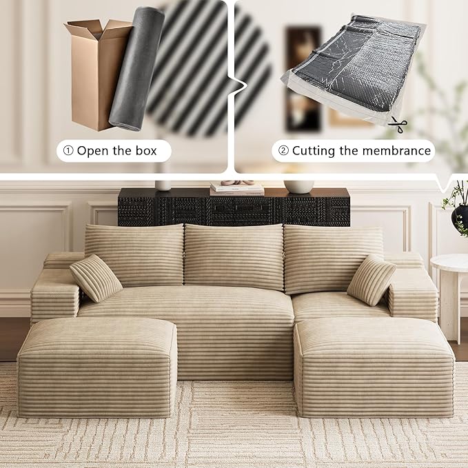 Modular Sectional Sofa Cloud Couch 108'' Comfy U Shaped Sectional Couches for Living Room Deep Seat Cozy Fluffy Corduroy Boneless Couch Sectionals Sofa with Movable Ottomanm Light Brown