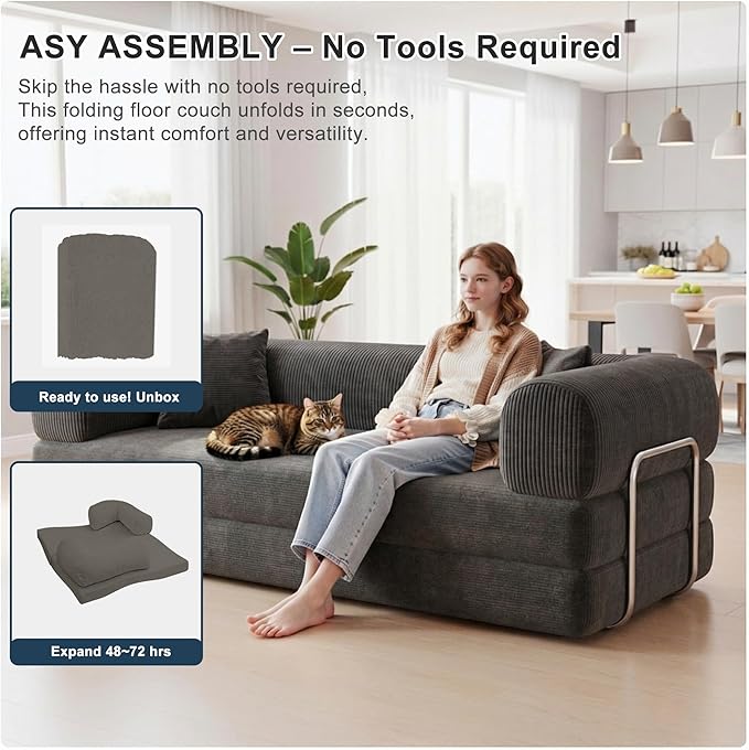78Inch Compression Sofa 4-in-1 Convertible Floor Sleeper Sofa Bed Folding Sofa Couch with Pillow Support Armrest Cloud Corduroy Foldable Mattress for Living Room Bedroom
