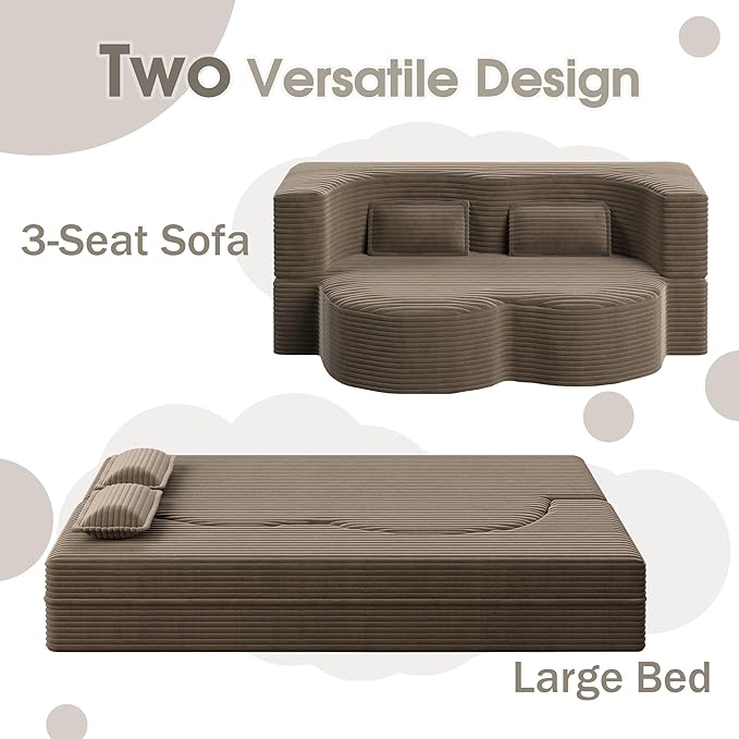 78 Convertible Sofa Bed 2-in-1 Folding Floor Couch with 2 Pillows Sleeper Sofa for Living Room and Bedroom No Assembly Required (Coffee Brown Corduroy Fabric)