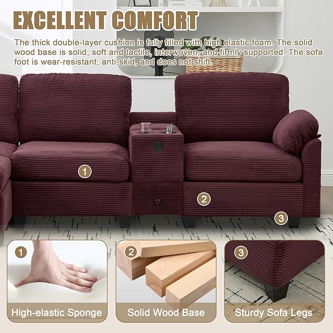 KEIKI 105 L-Shaped Oversized Corduroy Modular Sectional Sofa with 1 Ottoman and Multi Functional Console 4-Seater Upholstered Couch with USB and 2 Cup Holder Easy Assembly for Living Room Red
