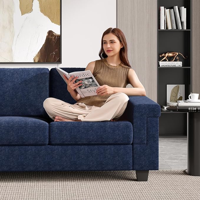 3 Seater Sofa Couch with Deep Seat 90 Modern Upholstered Sofa with Armrests Easy Installation Comfy Couches for Living Room Apartment Blue