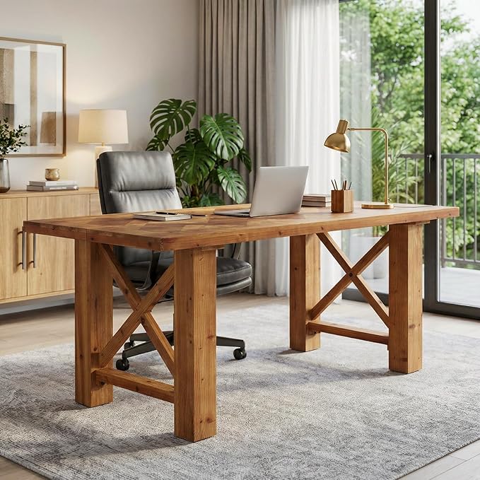 63-Inch Computer Desk Solid Wood Office Desk with Parquet Top and X-Shaped Legs Modern Executive Study Table for Home Office Large Legroom Brown