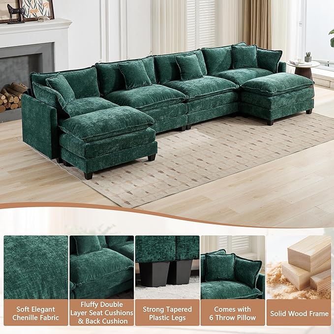 Aoowow Chenille U Shaped Sofas with Deep SeatModular Sectional 4 Seater Cloud Couch with Ottoman Set for Living Room149.6 Fluffy U-Shaped Corner Couches with Chaise Lounges (Green 4+2)