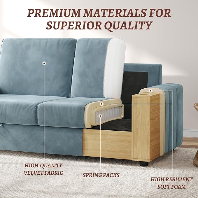 Loveseat Sofa Larger Couch Velvet Fabric with Storage Charging Ports Heightened Backrests Removable Cover Modern Comfy Couches Easy Assembly for Living Room 88 Inch Blue