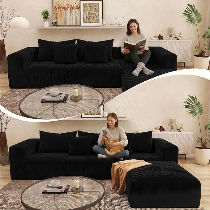 Cloud Modular Sectional Sofa for Living Room L Shaped Sectional Couch with Deep Seat Corduroy Boneless Couch with Ottoman 3-Seater Sleep Bed Black