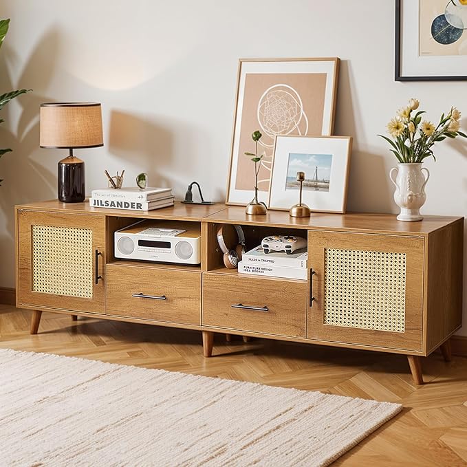 TV Stand for 70 Inch TV 63 Modern Entertainment Center with LED Light &amp Storage Shelves 2 Drawers and Cabinets Boho TV Stand with Outlet for Living Room (Oak)
