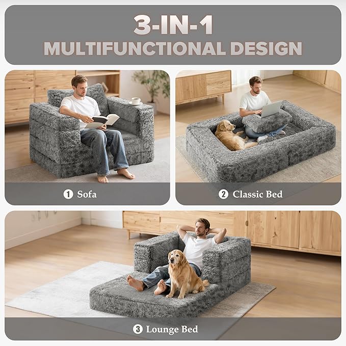 HABUTWAY Convertible Sofa Bed 3-in-1 Futon Sofa Bed with Pillow Foldable Pull Out Floor Sofa Bed with Removable Cover Plush Boneless Couch for Living Room/Bedroom/Dorm(FullLight Grey)