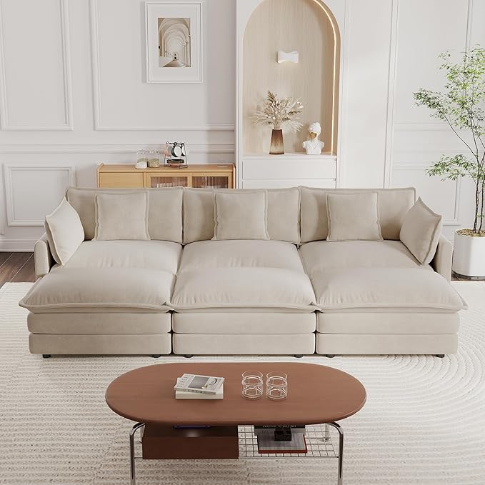 KEIKI 112 Oversized Chenille Modular Cloud Sectional Sofa with 3 Ottoman High-Density Foam Cushion Modern Style 3-Seater Fluffy Corner Couch with 5 Pillow for Apartment Living Room Beige