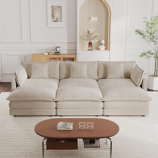 KEIKI 112 Oversized Chenille Modular Cloud Sectional Sofa with 3 Ottoman High-Density Foam Cushion Modern Style 3-Seater Fluffy Corner Couch with 5 Pillow for Apartment Living Room Beige