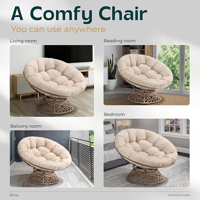 Bme 46 Large Size Ergonomic Wicker Papasan Chair with Soft Thick Density Fabric Cushion Bee-Designed Base High Capacity Steel Frame 360 Degree Swivel for Living Bedroom...
