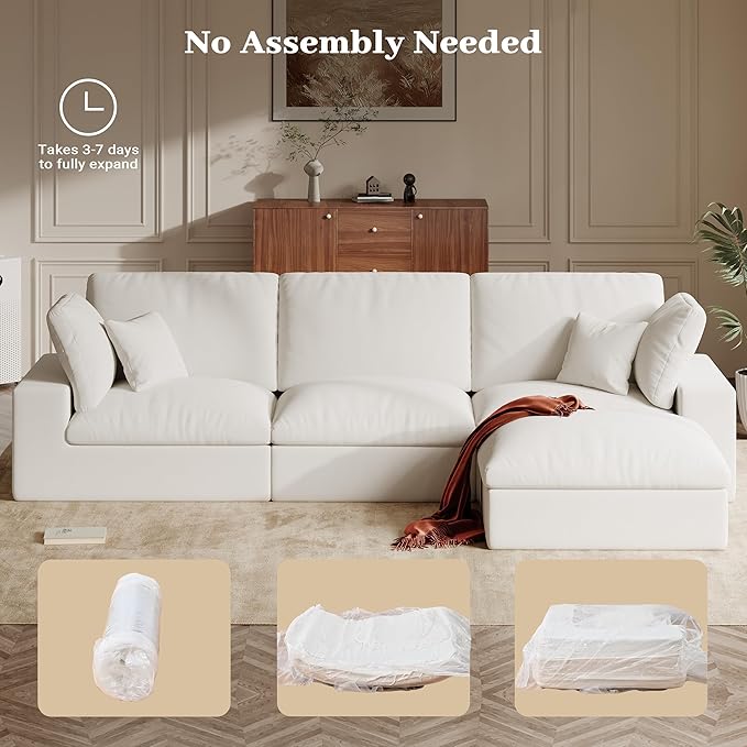 121 L-Shaped Modular Sectional Sofa with Ottoman Upholstered Cloud Couch with Deep Seat Boneless Sofa Sectional Couch for Living Room No Assembly Required Chenille Warm White | Breathable Materia