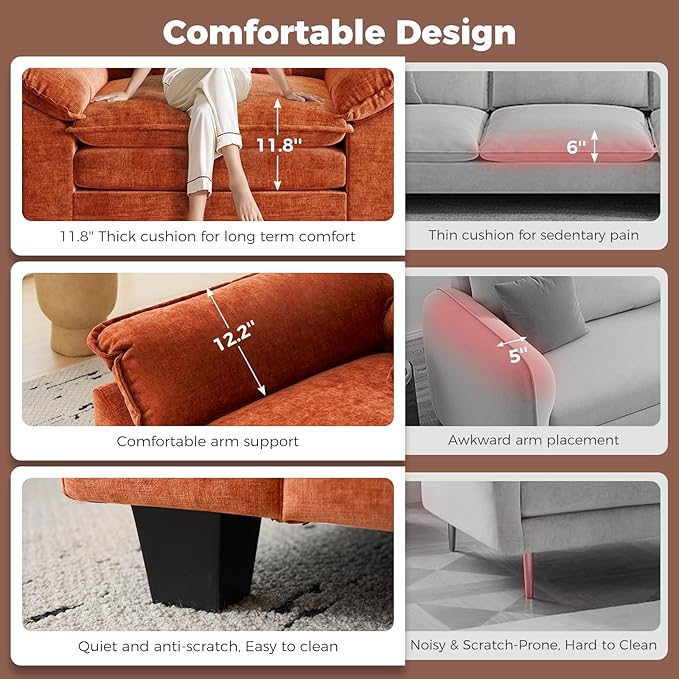 HUSFU 120 Cloud Couch Modular Sectional Sofa with Ottoman 3-Seat Modern Chenille Upholstered U-Shaped Deep Seat Sofa Couch for Living Room Bedroom and Apartment Orange
