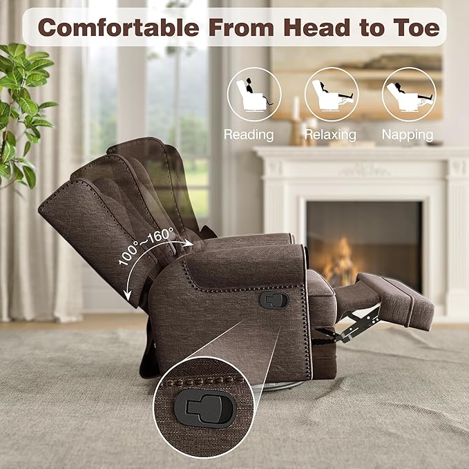 Kiss the Water Swivel Recliner Chair with Adjustable Back and Footrest Comfy Rocker Recliner Chair with Carbon Steel Base Glider Recliner Nursery Chair for Living Room Bedroom Nursery Coffee