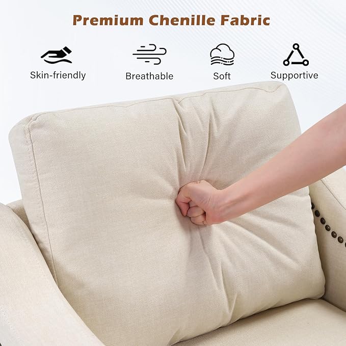Modern 3 Piece Sofa Set with Rivets Included Chenille Accent Chair and Upholstered Loveseat 2-Seater Couches Set of 2 with Solid Wood Legs Living Room Furniture SetBeige