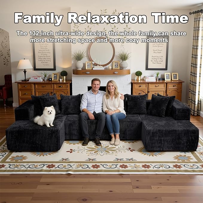 132''U-Shape Modular Sectional Couch Sofa Boneless Compressed Corduroy Modern Sleeper Space-Efficient Convertible Design 3 Packages Shipping