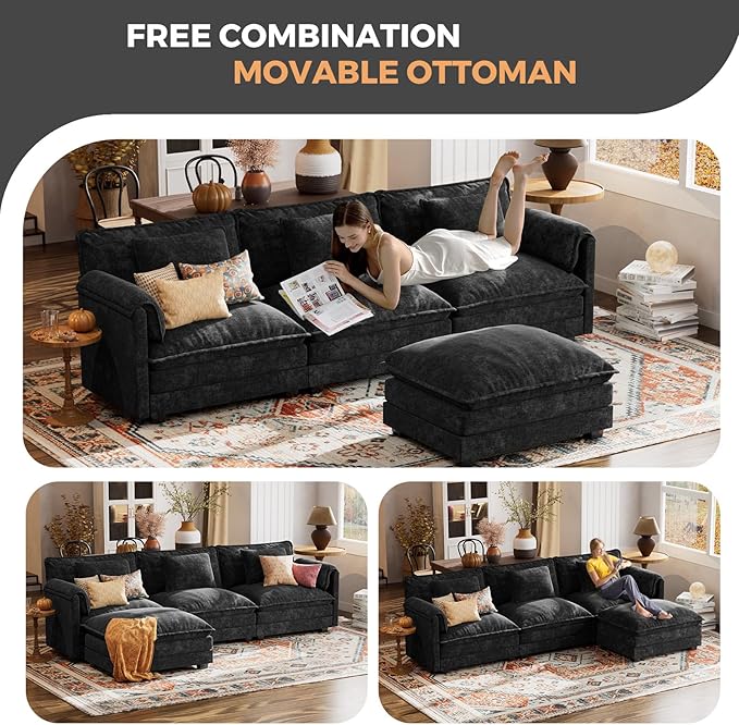 ELUCHANG Oversized 150 Modular Sectional Sofa Comfy Cloud Couch U Shaped Deep Seat Sofa Couches for Living Room 7-Seater Modern Sofa with Movable Ottoman DIY Combination - Chenille Black | Easy t