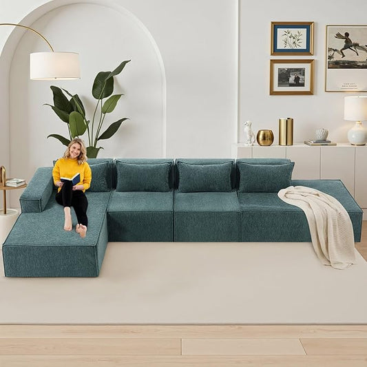 155 Modular Sectional Sofa L-Shaped Cloud Couch with Extra Long Chaise Lounge Oversized Chenille Boneless Sofa Set for Living Room Comfy Floor Seating No Assembly Required