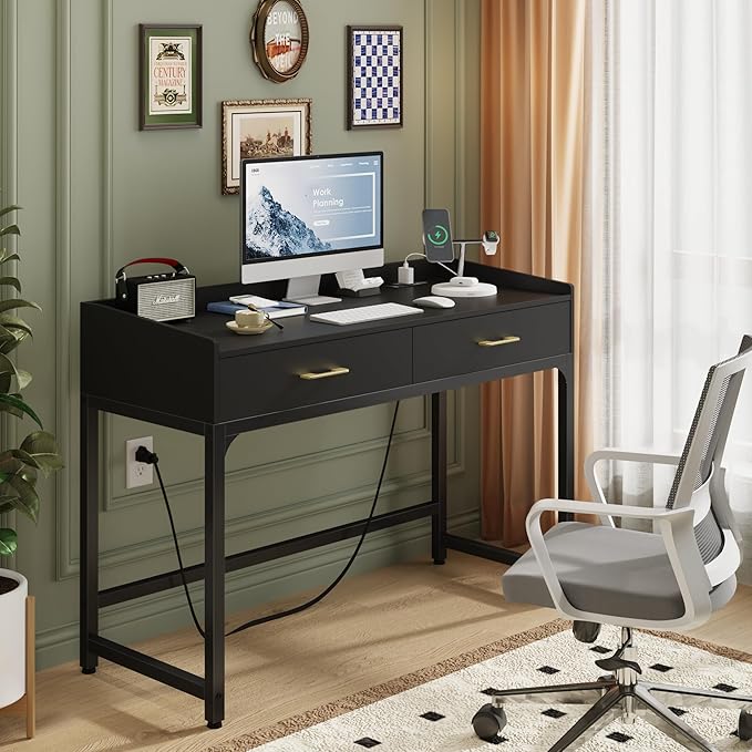 WESTREE Makeup Vanity Desk with Backboard Power Outlet Computer Gaming Desk with 2 Drawers Modern Writing Desk for Office Bedroom Black