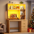 Standing Desk with LED Light for Office Room Smart Computer Desk with Hutch and Drawer for Game RoomModern Study Table with 2AC Port Charging Station/Lamp/for Bedroom (Wood)