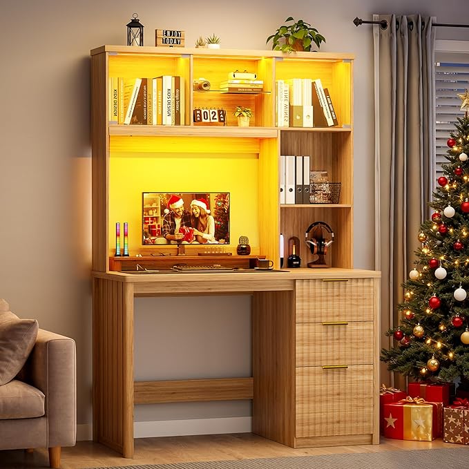 Standing Desk with LED Light for Office Room Smart Computer Desk with Hutch and Drawer for Game RoomModern Study Table with 2AC Port Charging Station/Lamp/for Bedroom (Wood)