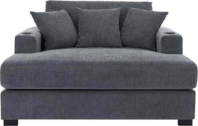 55 Oversized Chaise Lounger Modern Style Sofa Couch with Pillows Charge Station &amp Cup Holders Chenille Fabric Blue Gray