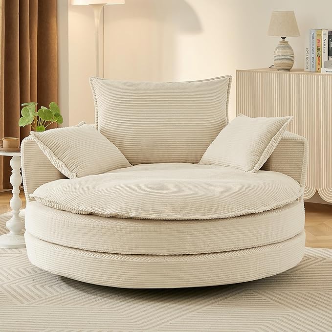 360° Swivel Sofa Chair Accent Barrel Chair 57.5 Swivel Round Chair with Dual-Layer Cushion Design and 3 Removable Pillows for Living Room Bedroom Office and Hotel (Beige)