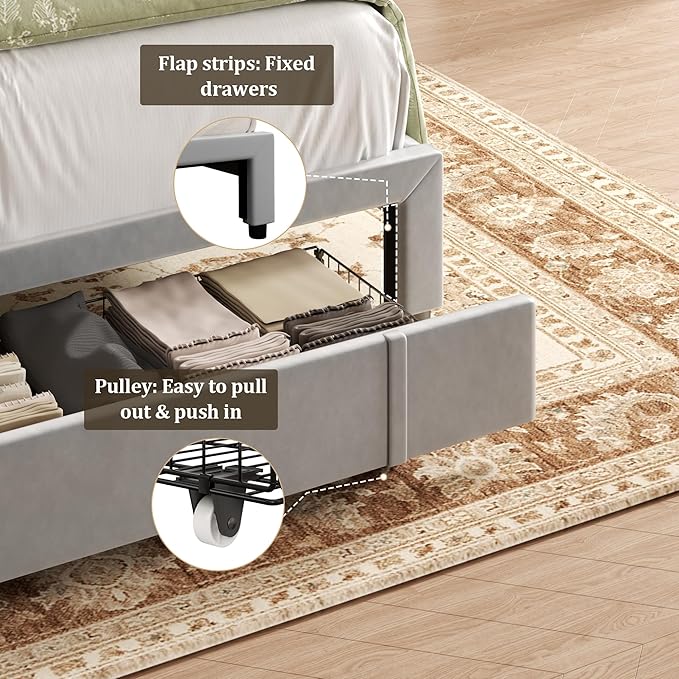 Full Bed Frame with Storage Drawers Upholstered Full Size Platform Bed with 47 Tall Headboard and Wingboard No Box Spring Needed Noise Free Easy Assembly Wooden Support Slats Light Grey