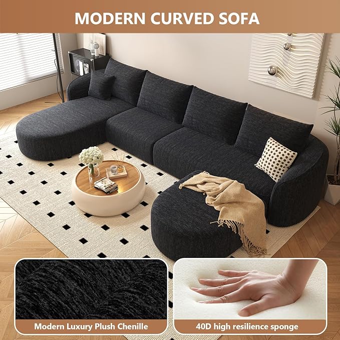 138.6 U Shaped Modern Modular Sectional Curved Back Sofa with Ottoman Minimalist Style Comfy Cloud Couch for Living Room Apartment No Assembly Required Boneless Couches (BlackLeft Facing Chaise)