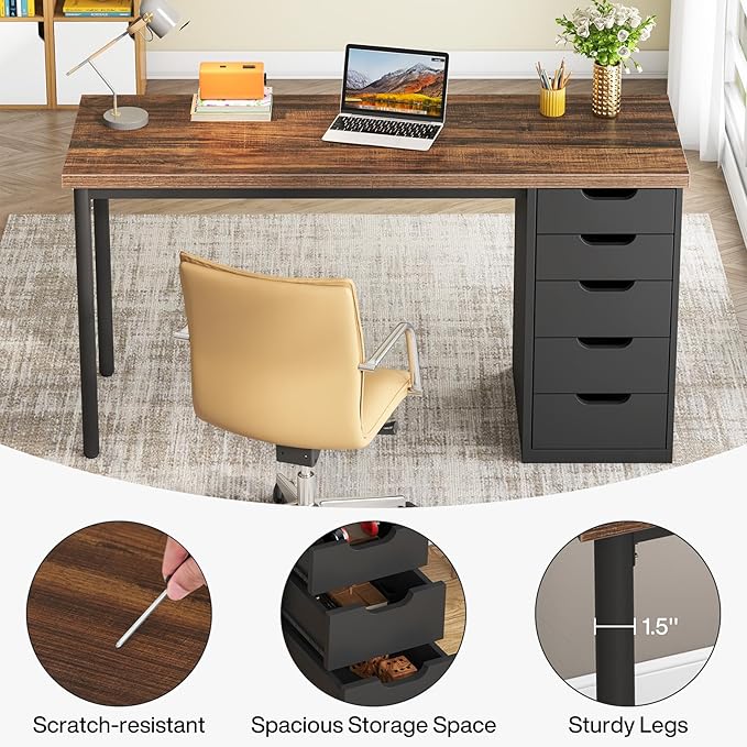 Tribesigns Computer Desk with 5 Drawers 47 inches Rustic Brown Home Office Desk with Storage Modern Simple Laptop Desk Study Writing Table for Small Spaces (1 Brown+Black)