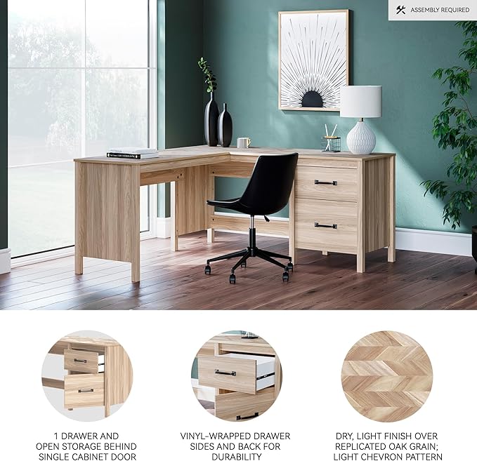 Signature Design by Ashley Battelle Casual L-Shaped Chevron Pattern 60 Home Office Desk with Return Drawer and Cabinet Light Brown