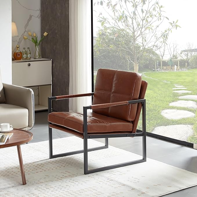 Red Brown PU Leather Leisure Black Metal Frame Recliner Chair for Living Room and Bedroom Furniture