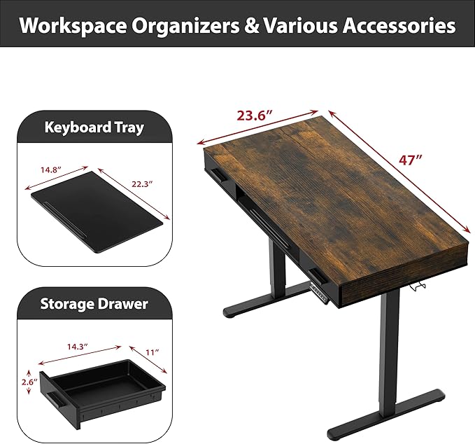 SHW 48-Inch Electric Height Adjustable Desk with Keyboard Tray and 2 Drawers Rustic Brown