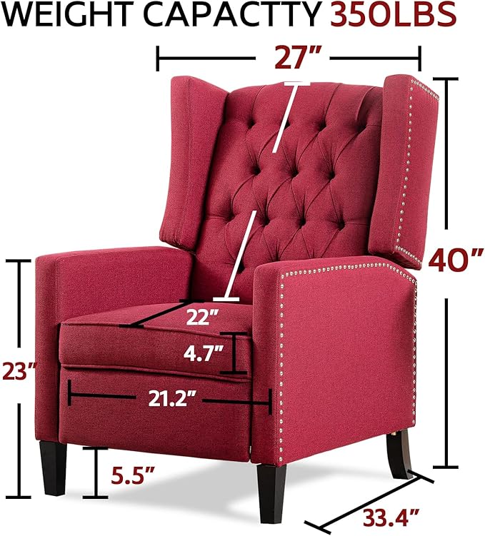 Wine Red Mid Century Modern Recliner Wingback Accent Chair with Push Back Mechanism Button Tufted Fabric Sofa &amp Nailhead Trim - Comfy Living Room Seating for Home Theater Office
