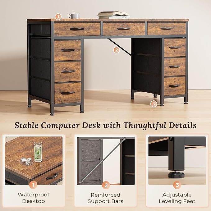 PRAISUN 54 Inch Office Desk with Outlets Computer Desk with 9 Fabric Drawers Writing Gaming Work Study Desk for Bedroom Living Room Home Office Large Storage Rustic Brown