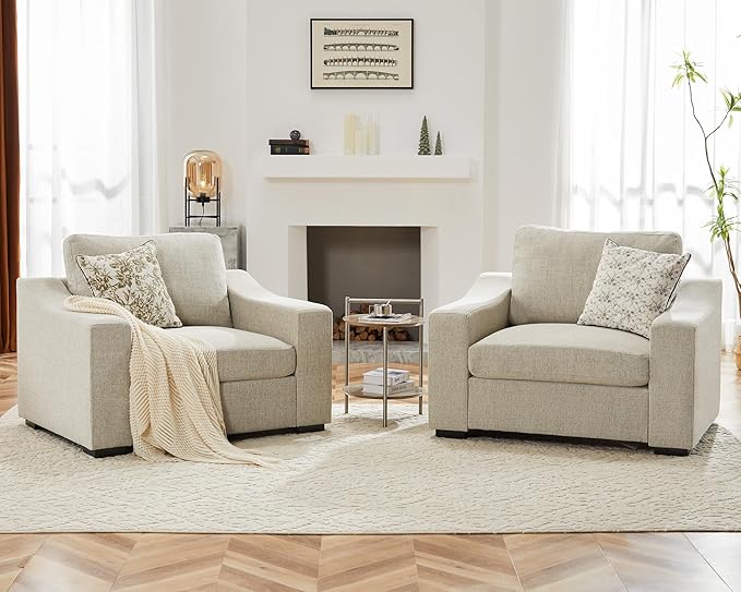 ABCASA 47 W Oversized Accent Chair Set of 2 Comfy Upholstered Sofa Chair with Large Seat and Wide Armrest Pet-Friendly Modern Lounge Armchair for Living Room/Apartment/Bedroom Soft Linen Oatmeal
