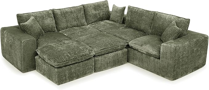 L-Shaped Boneless Modular Sectional Cloud Couches 7 Seat Modular Boucle Floor Foam Boneless Sofa Couch with Ottomans Headrest Pillows and Removable Cushions