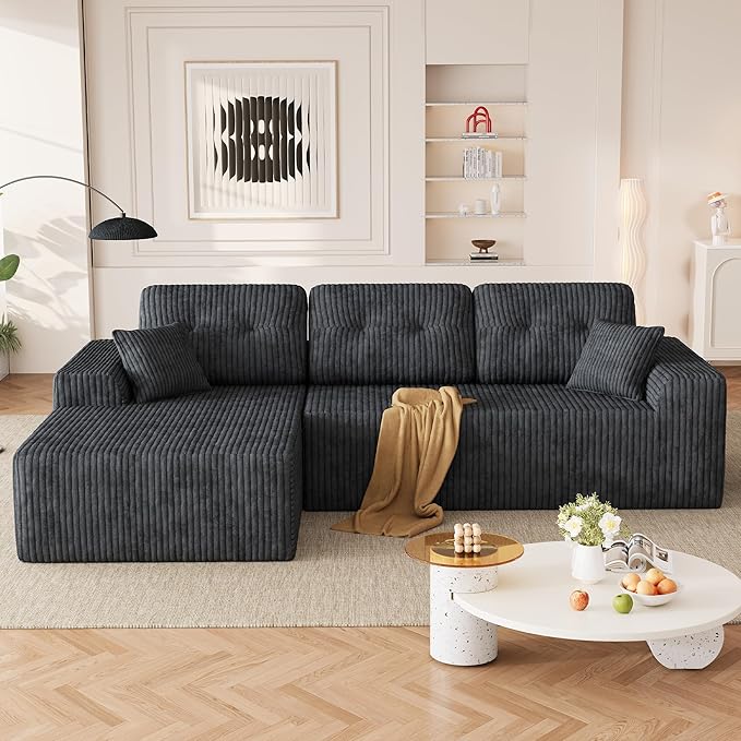 Ball &amp Cast 106 Boneless Sectional Sofa Corduroy Modular L Shaped Couch with Deep Seat Chaise Cloud Style Oversized Sofa for Living Room No Assembly Left Facing Grey