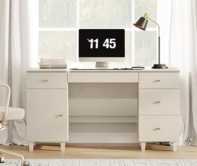WAMPAT Desk with Drawers &amp Storage Cabinet 58 Inch Beige Wood Desk with Charging Station Modern Home Office Large Wooden Executive Computer Desk Vanity Desk for Bedroom