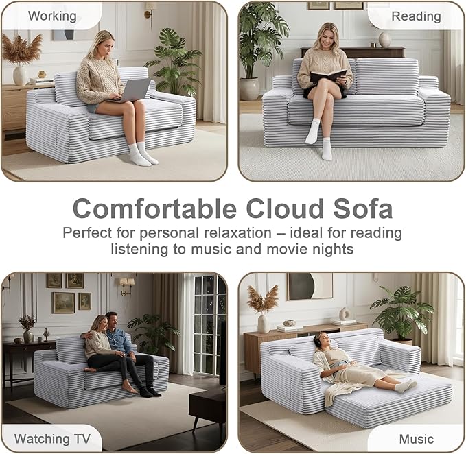Boneless Loveseat Sofa: 70 Inch Corduroy Cloud Double Sofa 2-in-1 Convertible Cloud Sofa Bed for Living Room Apartment &amp Small Spaces (Minimalist Light Gray)
