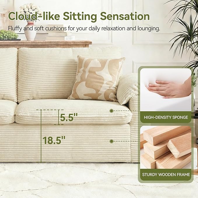 86 Loveseat Sofa Beige Corduroy CouchModern Cloud Sofa Love Seat Deep Seat Slipcovered Sofa with 2 Wide Armrest Pillows for Small Spaces Apartment Studio Office Bedroom Living Room