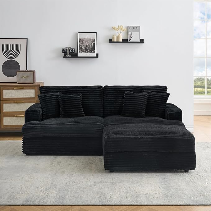 82 Inches Corduroy Square Arms Loveseat Sofa with One Storage Ottoman Comfy Deep Seat Modular Sectional Futon Couch with 4 Throw Pillows for Living Room Bedroom Office (Black)