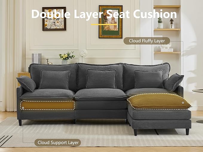 DRMBOOK 110.6'' L Shaped Modular Sectional Cloud Couch Cozy Upholstered 3 Seater Sofa Modern Deep Seat Modular Sofa Couches with Ottoman for Living Room (Corduroy Grey 3 Seat+1 Ottoman)